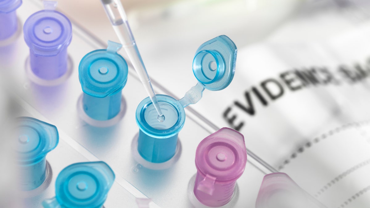 Una pipeta deja caer ADN en un vial azul