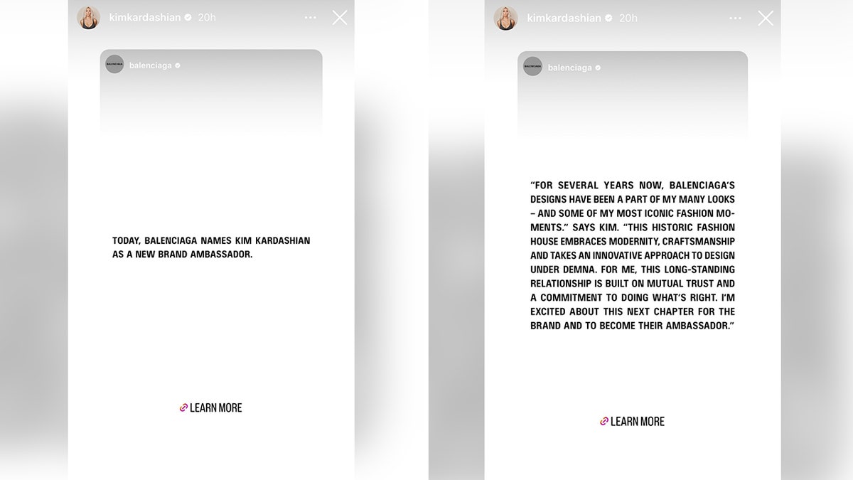 Pantalla dividida del anuncio hecho por Balenciaga en Instagram republicado por Kim Kardashian diciendo que ella es su nueva embajadora y su declaración