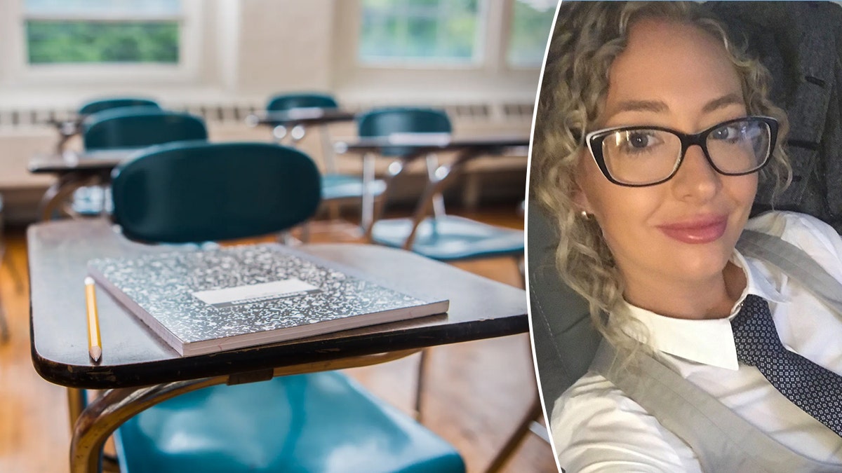 Karly Rae en una imagen dividida con un aula vacía.