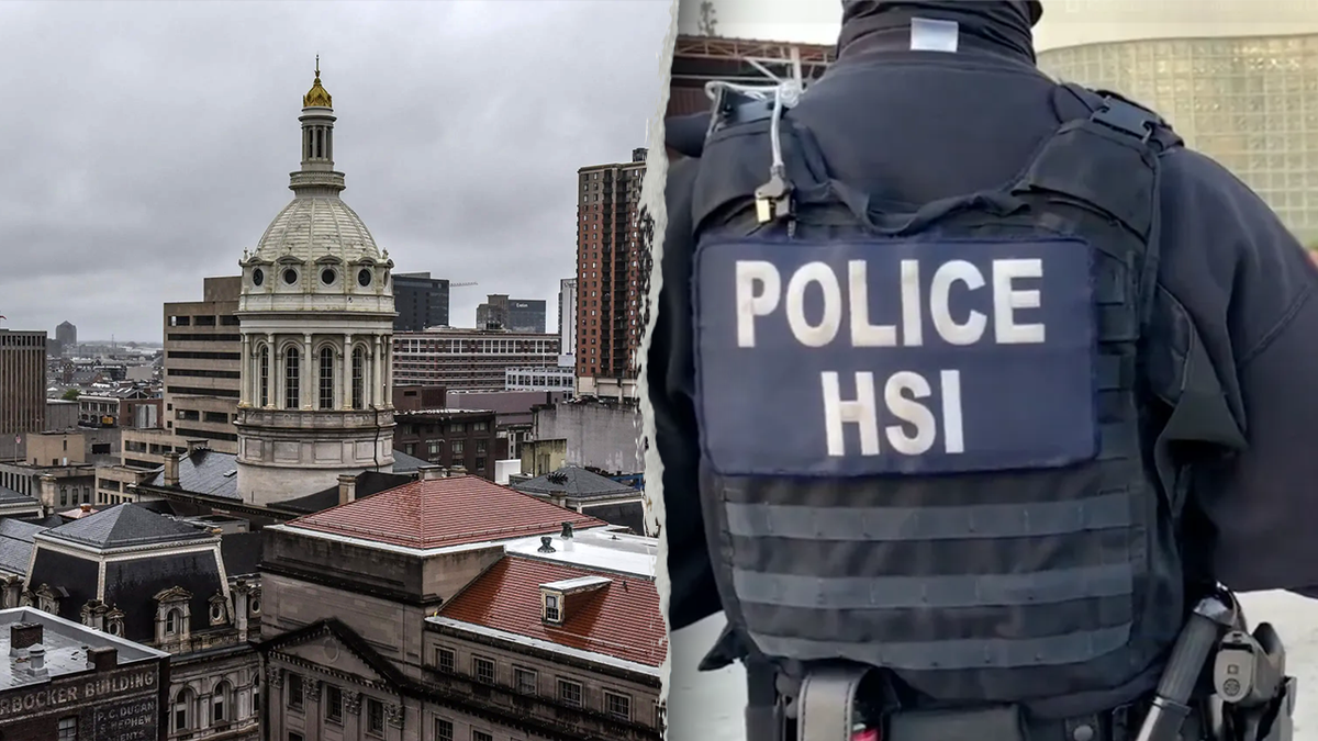 Izquierda: La cúpula del Ayuntamiento de Baltimore se ve en medio del horizonte en Baltimore, Maryland, el 12 de mayo de 2019. Derecha: Agentes de HSI Los Ángeles haciendo un arresto.