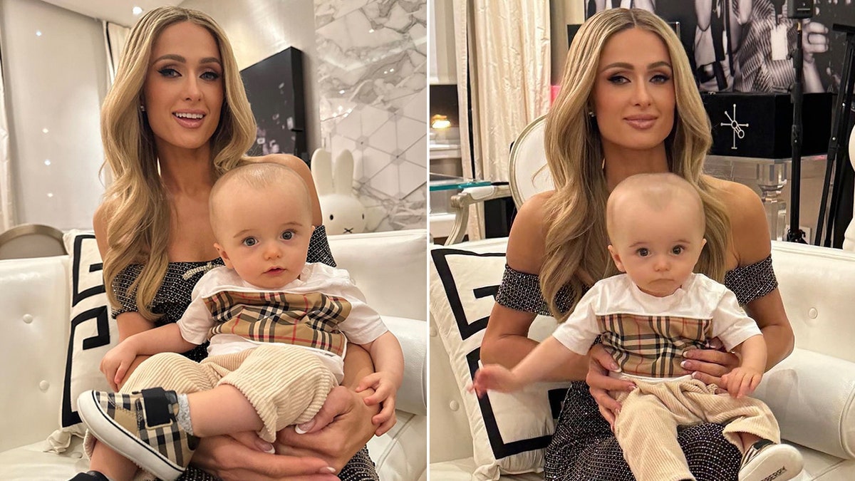 Paris Hitlon sostiene a su hijo Phoenix con un atuendo de Burberry en dos fotos