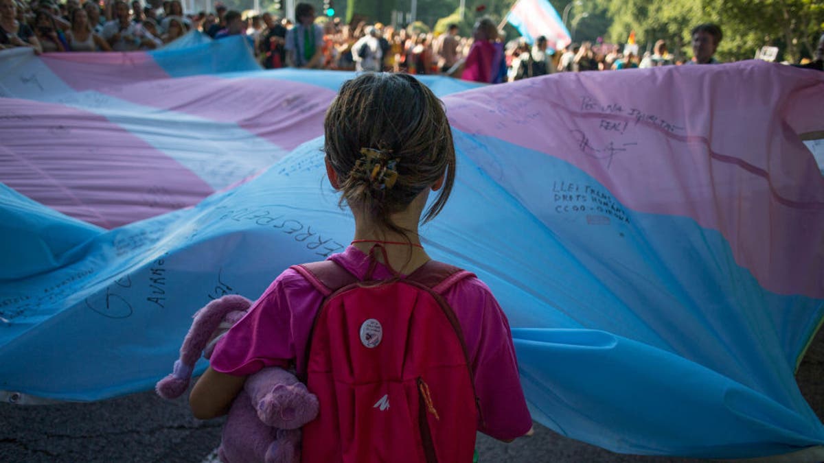 Niño con bandera transgénero