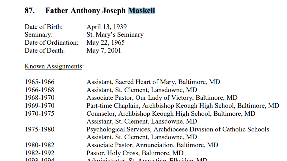 cronología de la carrera clerical del Padre Maskell